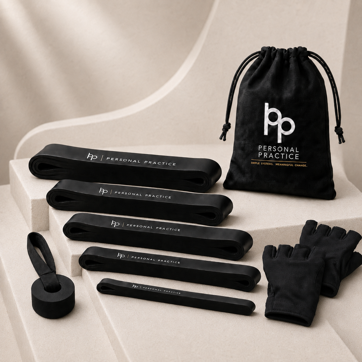 Practice One home training kit with five resistance bands, gloves, a door anchor, and travel bag.