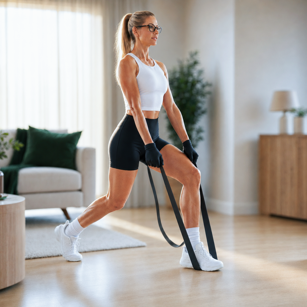 Woman wearing glasses performs a resistance band exercise in her living room.